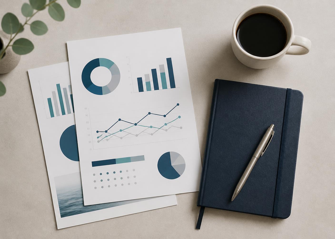 Marketing performance reports, a notebook and pen on a desk